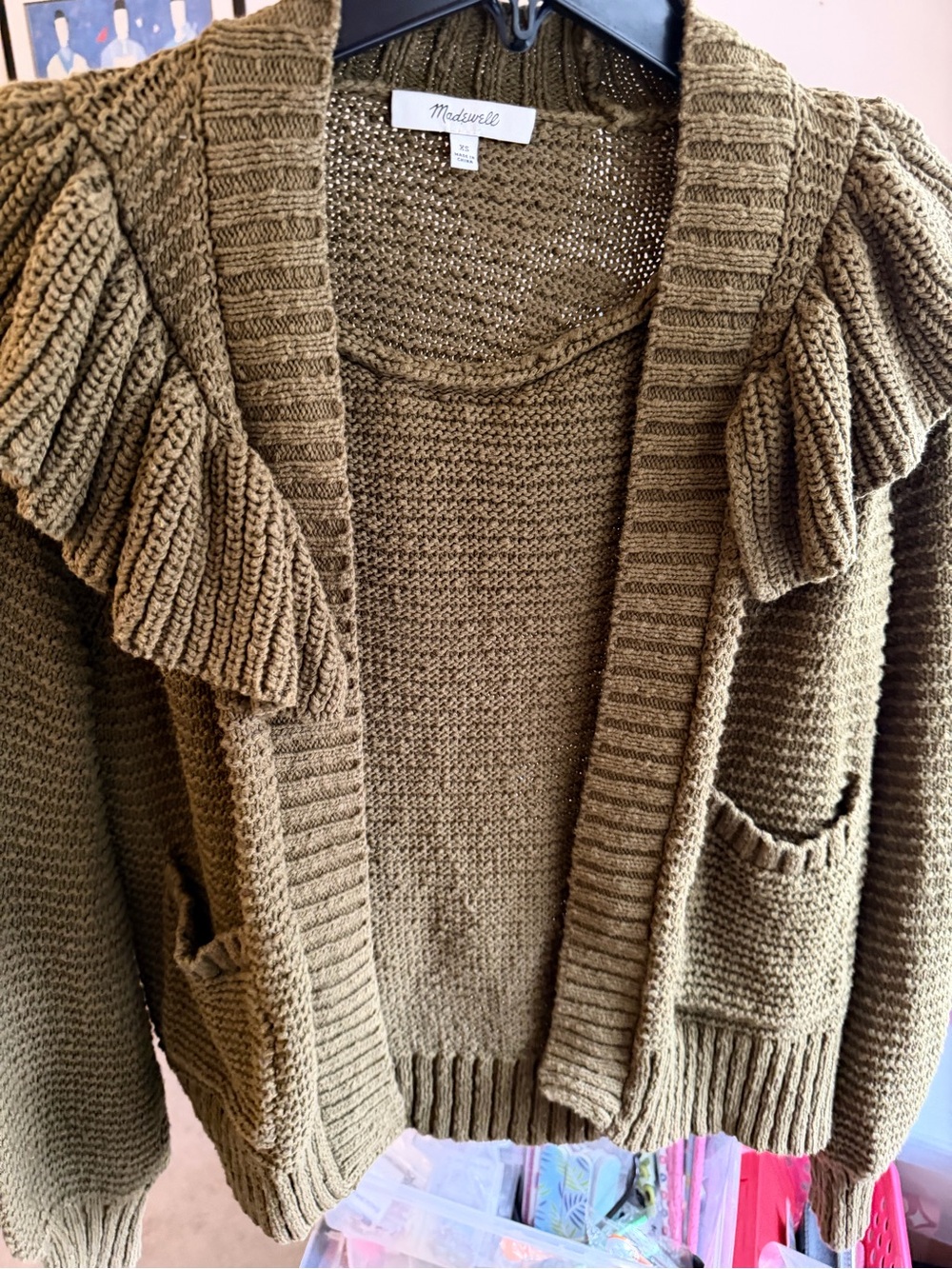 Madewell Ruffle Cardigan Sweater Golden Spinach Olive Green XS